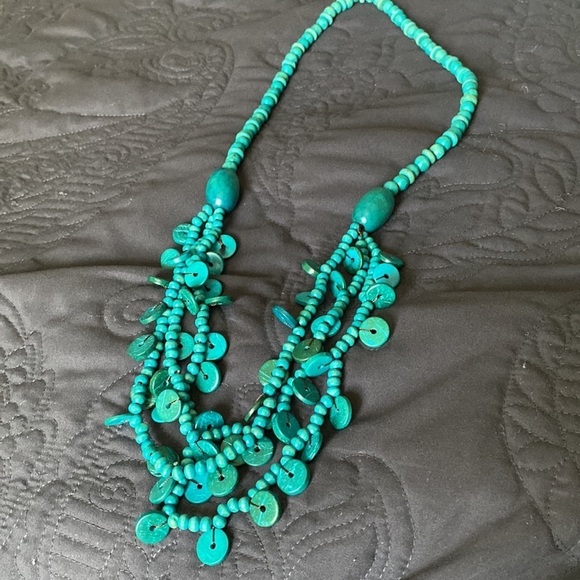 Boho jewelry, necklace, Vintage wooden turquoise layered 36 inches - Picture 5 of 5